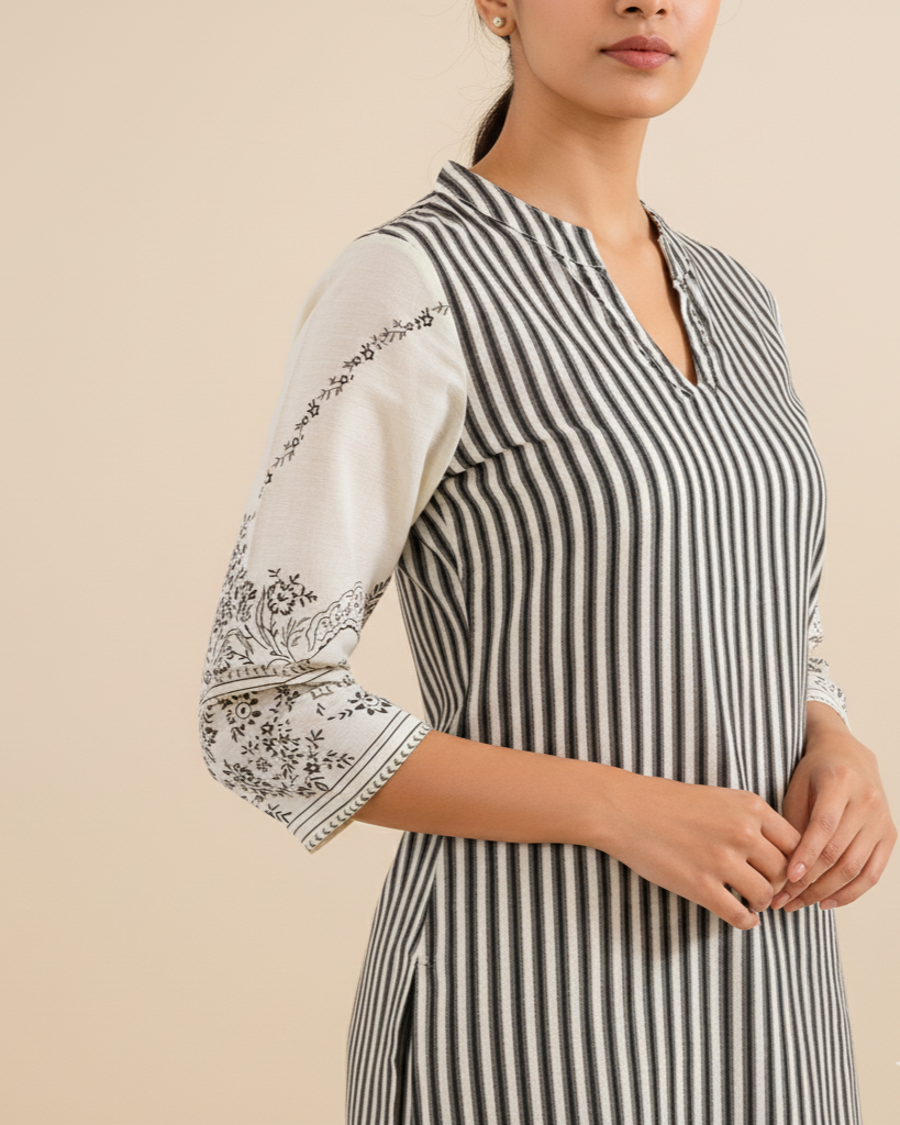 Stripe Printed Black & White Cotton Suit