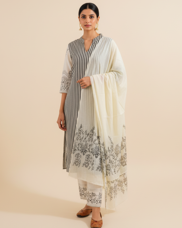 Stripe Printed Black & White Cotton Suit