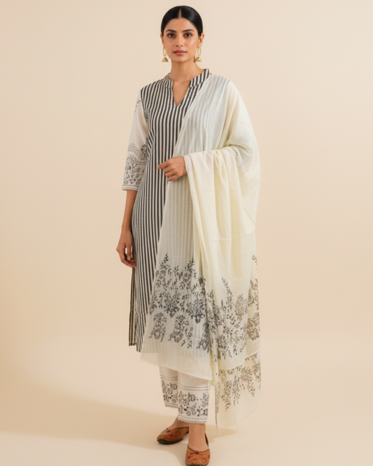 Stripe Printed Black & White Cotton Suit