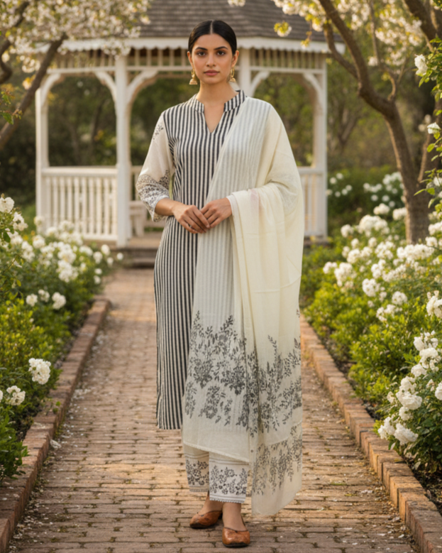 Stripe Printed Black & White Cotton Suit