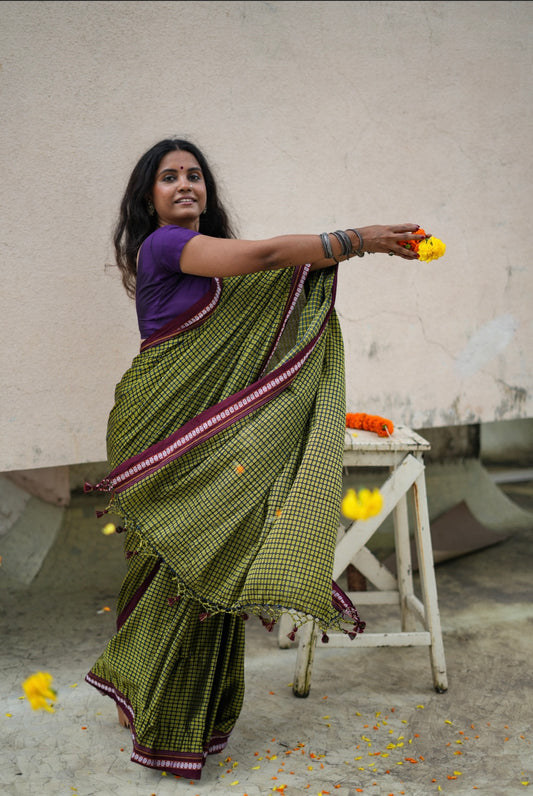 Heera Green Flower Cotton Khun Saree