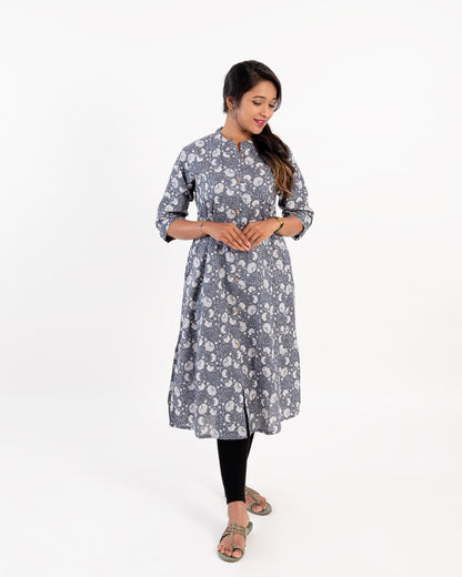 Grey Kalamkari Print Cotton Kurta