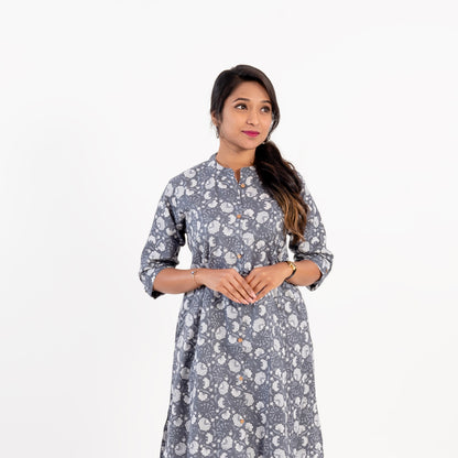 Grey Kalamkari Print Cotton Kurta