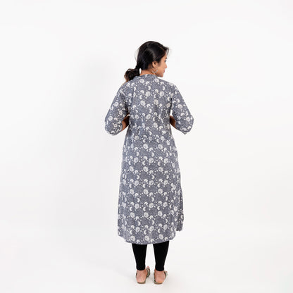 Grey Kalamkari Print Cotton Kurta