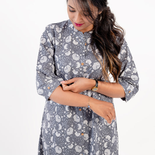 Grey Kalamkari Print Cotton Kurta