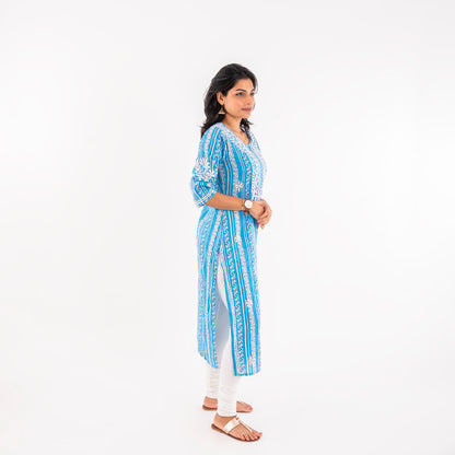 Sky Blue Striped Printed Hand-Chikankari Cotton Kurta