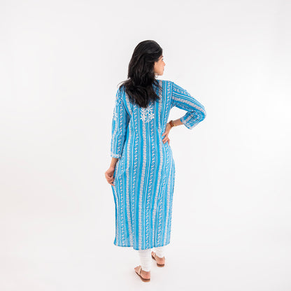 Sky Blue Striped Printed Hand-Chikankari Cotton Kurta