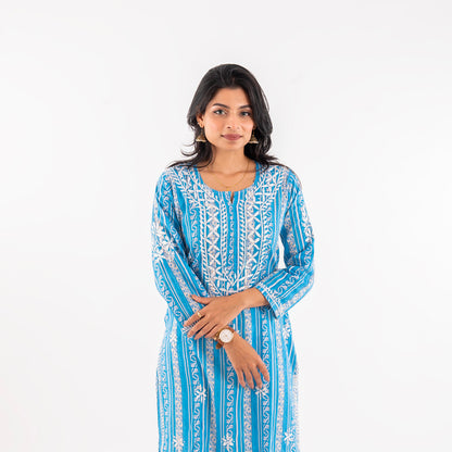 Sky Blue Striped Printed Hand-Chikankari Cotton Kurta