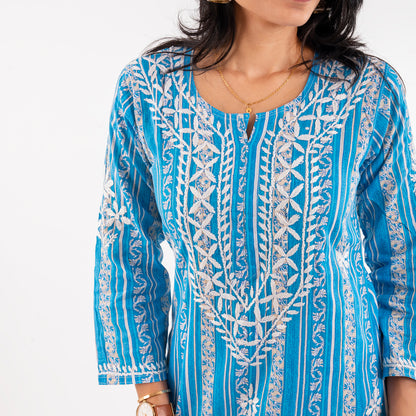 Sky Blue Striped Printed Hand-Chikankari Cotton Kurta