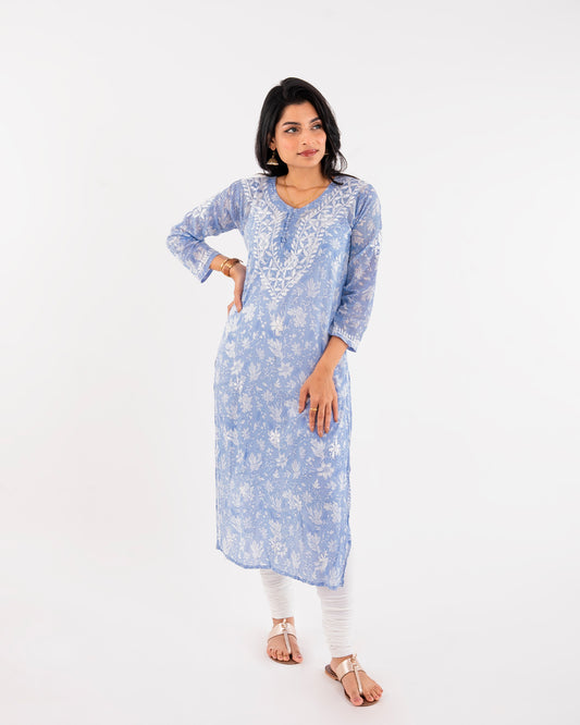 Light Steel Blue Printed Hand-Chikankari Cotton Kurta