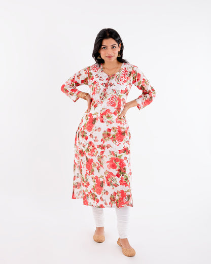 Red Floral Printed Hand-Chikankari Cotton Kurta