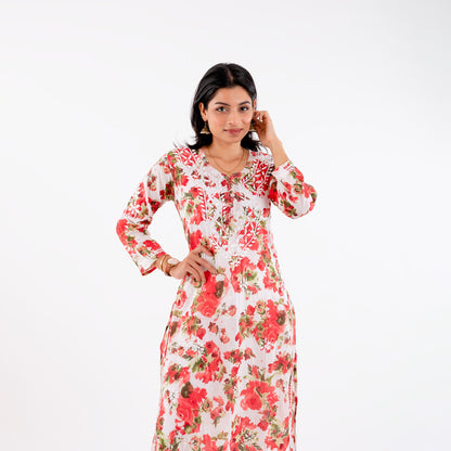 Red Floral Printed Hand-Chikankari Cotton Kurta