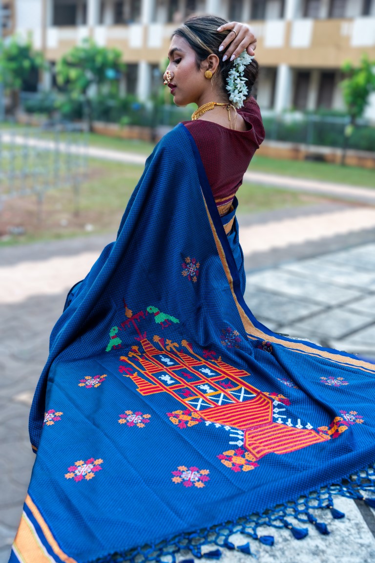 Blue Sequin Embellished Mul Cotton Saree without Blouse - Sutisaree