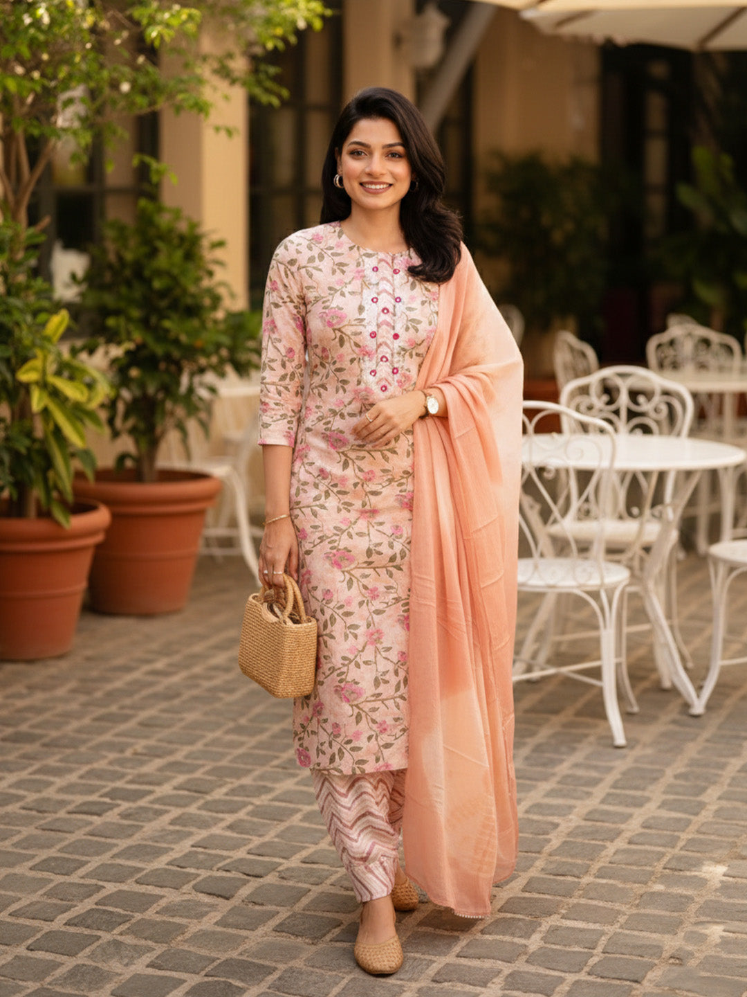 Blushing Peach Mirror Work Cotton Suit
