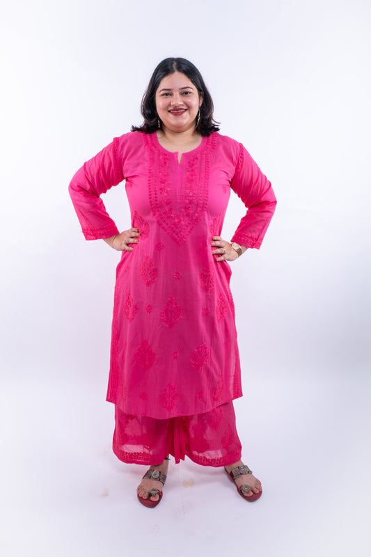 Pink  Hand-Chikankari Cotton Co-ord Set