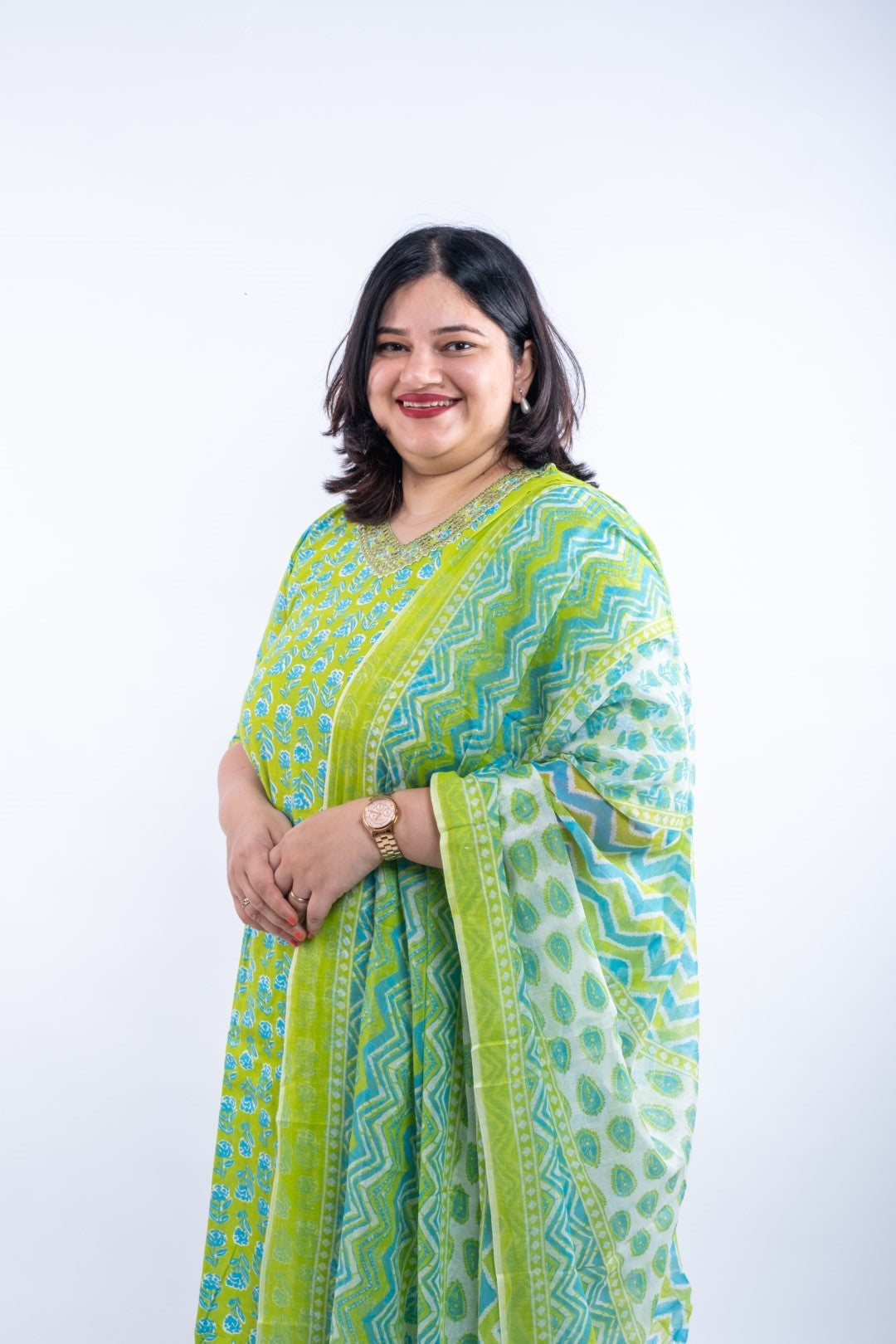 Parrot Green Printed Afghani Cotton Plus Size Suit