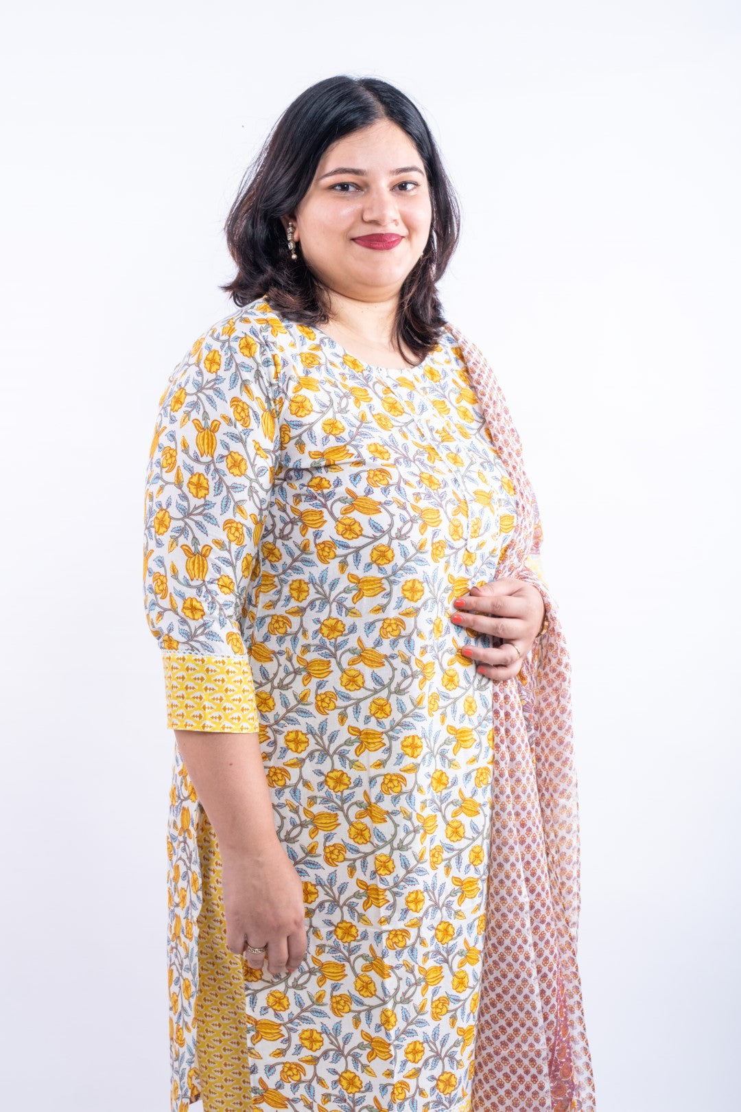 Yellow Floral Printed Cotton Plus Size Suit