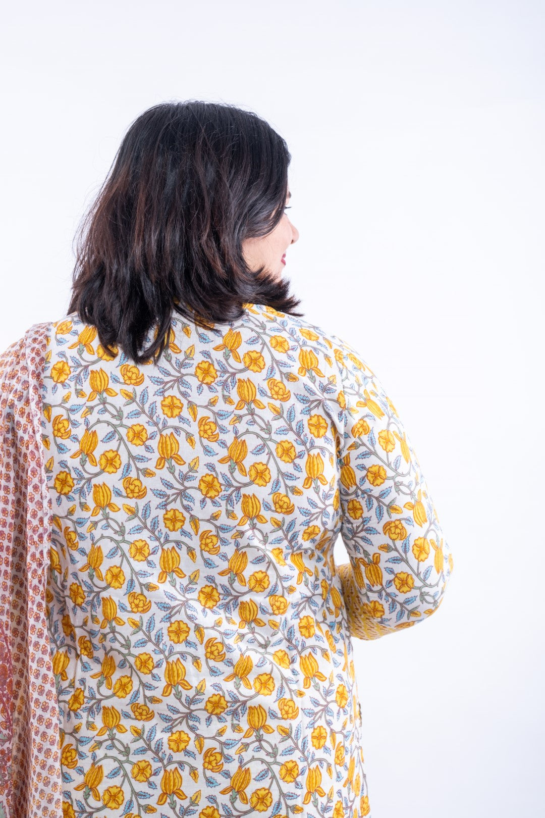 Yellow Floral Printed Cotton Plus Size Suit