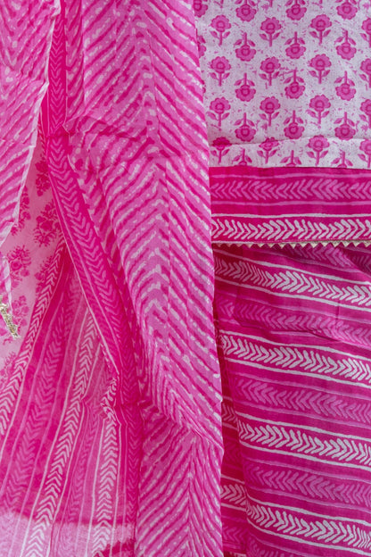 Pink Flower Printed Cotton Plus Size Suit