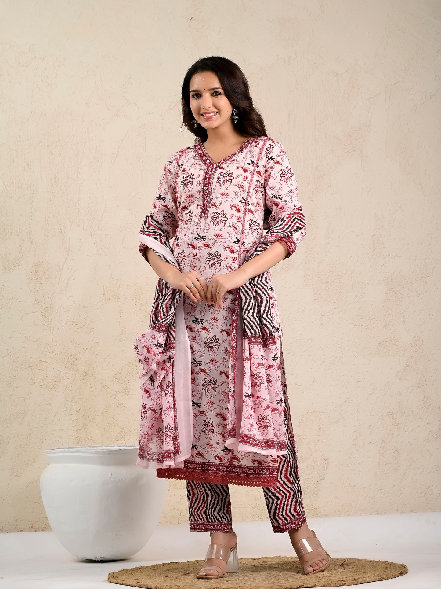 Bubblegum Maroon Floral Printed Cotton Suit