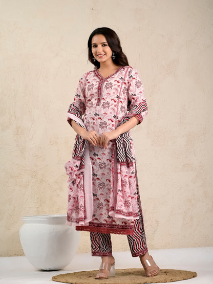 Bubblegum Maroon Floral Printed Cotton Suit