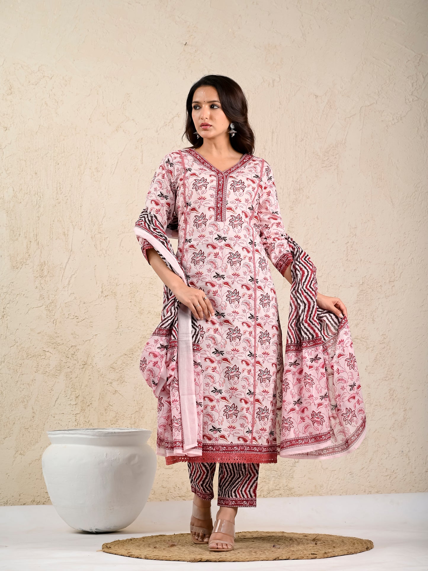 Bubblegum Maroon Floral Printed Cotton Suit