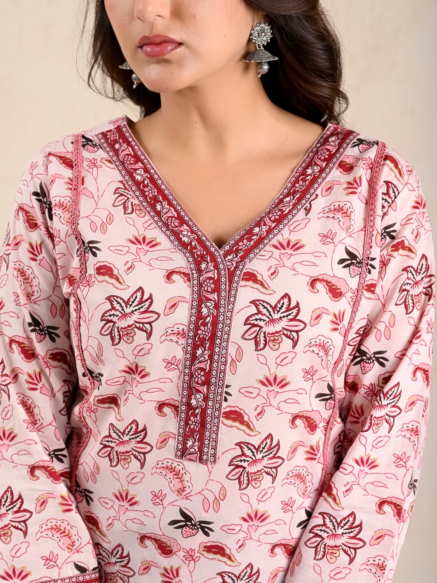 Bubblegum Maroon Floral Printed Cotton Suit