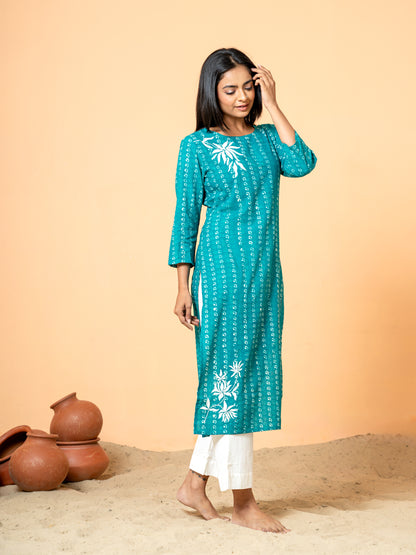 Sea Green Pearl Work Cotton Kurta