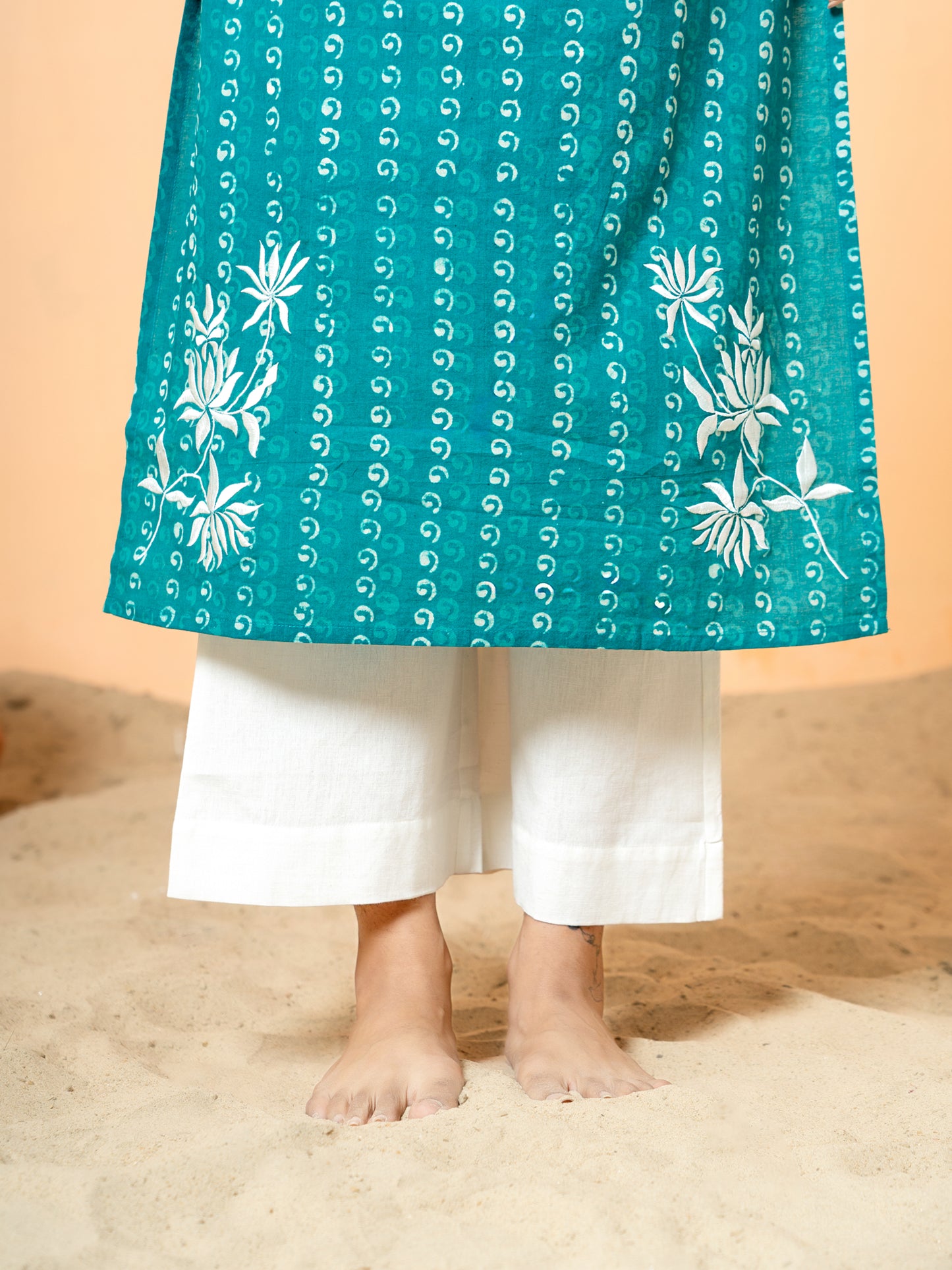 Sea Green Pearl Work Cotton Kurta