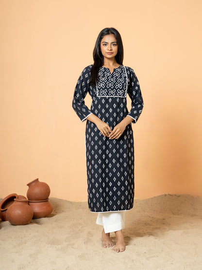 Black Sequence Work Rangoli Cotton Kurta