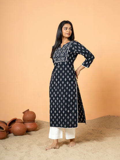 Black Sequence Work Rangoli Cotton Kurta