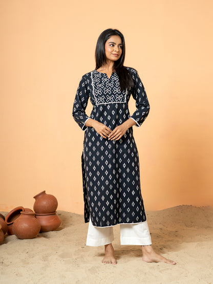 Black Sequence Work Rangoli Cotton Kurta