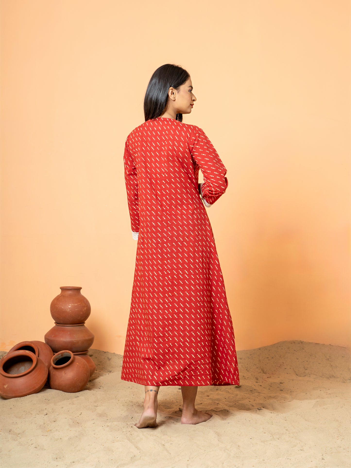 Red Lace Work Embroidered Cotton kurta