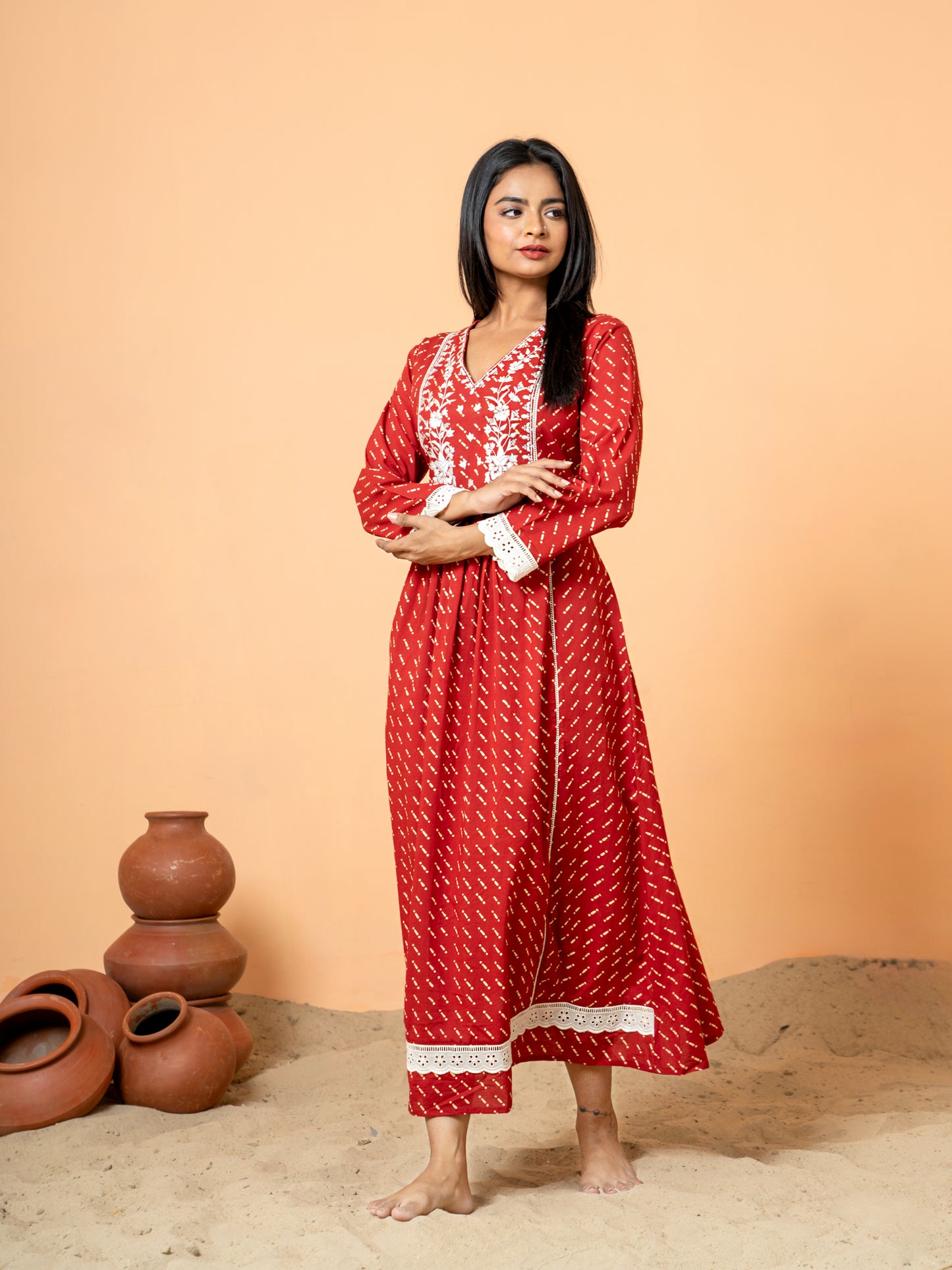 Red Lace Work Embroidered Cotton kurta