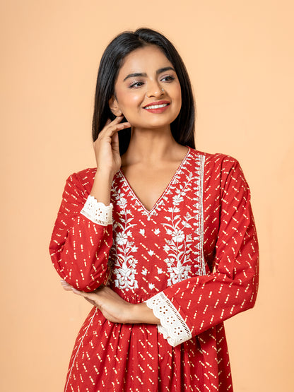 Red Lace Work Embroidered Cotton kurta