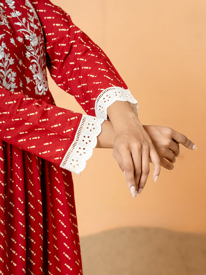 Red Lace Work Embroidered Cotton kurta