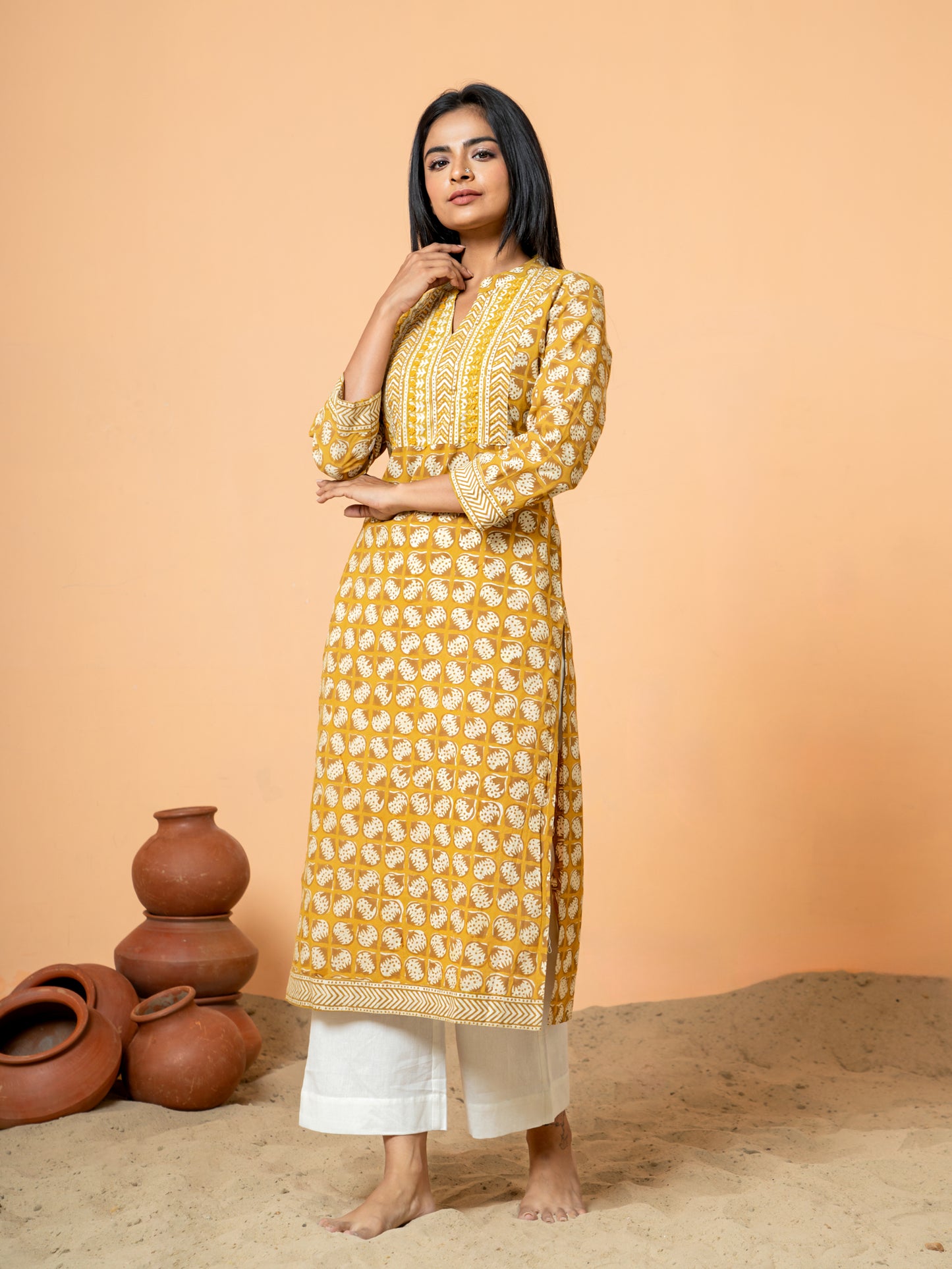 Mustard Yellow Handwork Cotton Printed Kurta