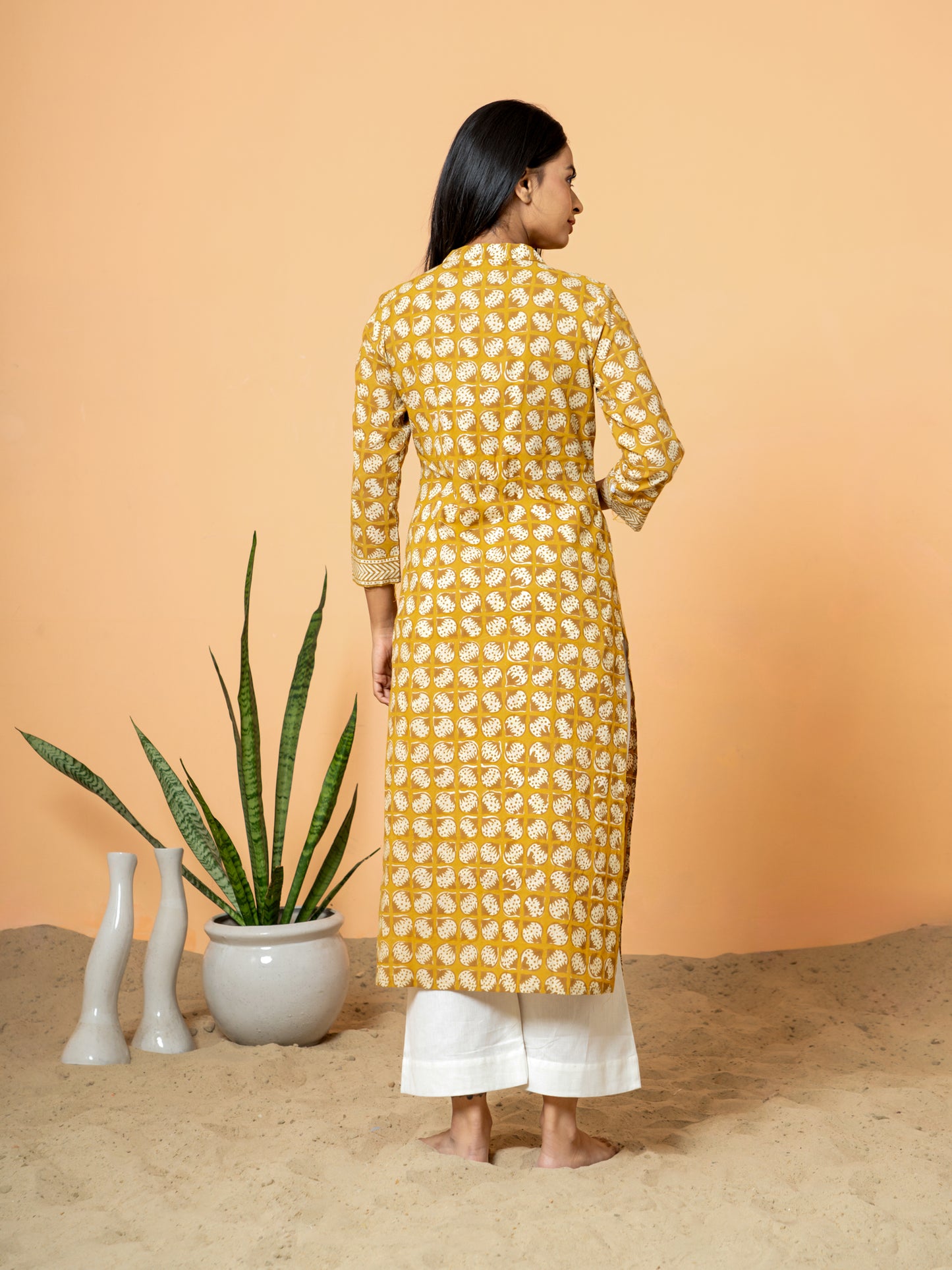 Mustard Yellow Handwork Cotton Printed Kurta