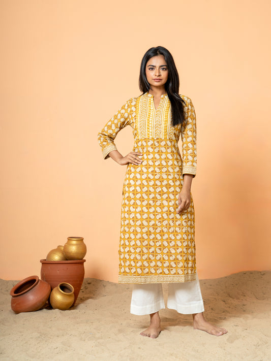 Mustard Yellow Handwork Cotton Printed Kurta