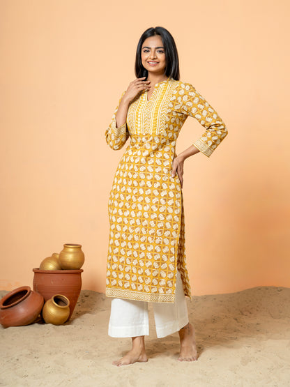 Mustard Yellow Handwork Cotton Printed Kurta