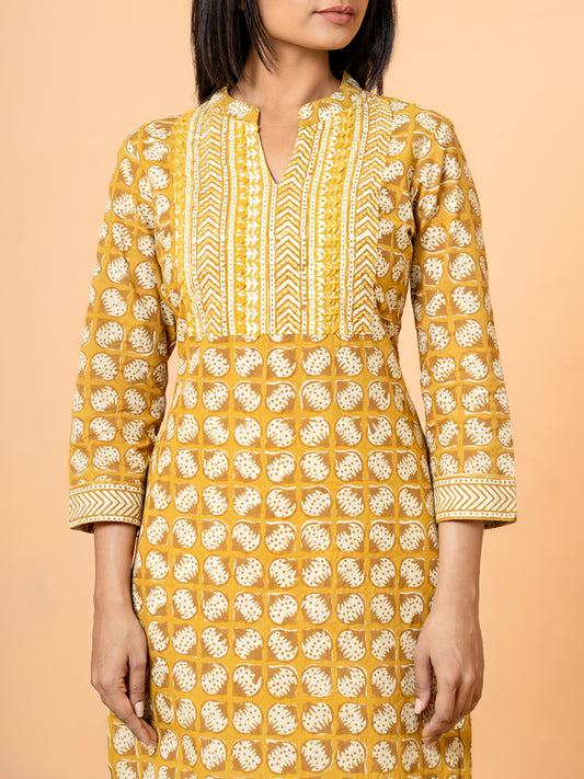 Mustard Yellow Handwork Cotton Printed Kurta