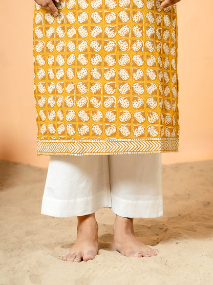 Mustard Yellow Handwork Cotton Printed Kurta