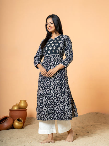 Black Sanganeri Print Zari Work Cotton Kurta