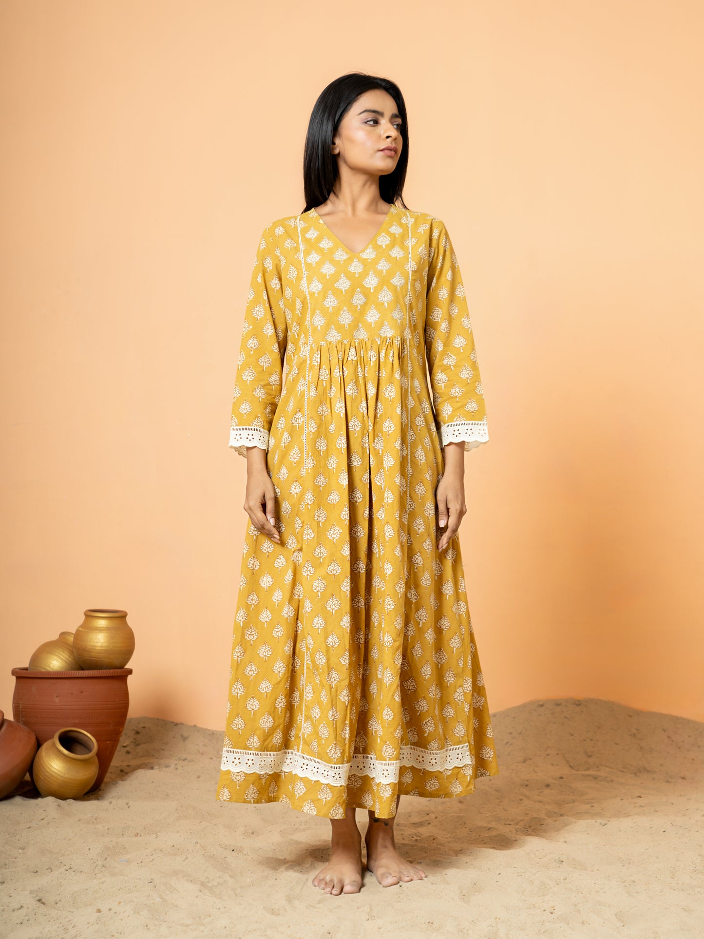 Mustard Lace Work  Cotton kurta