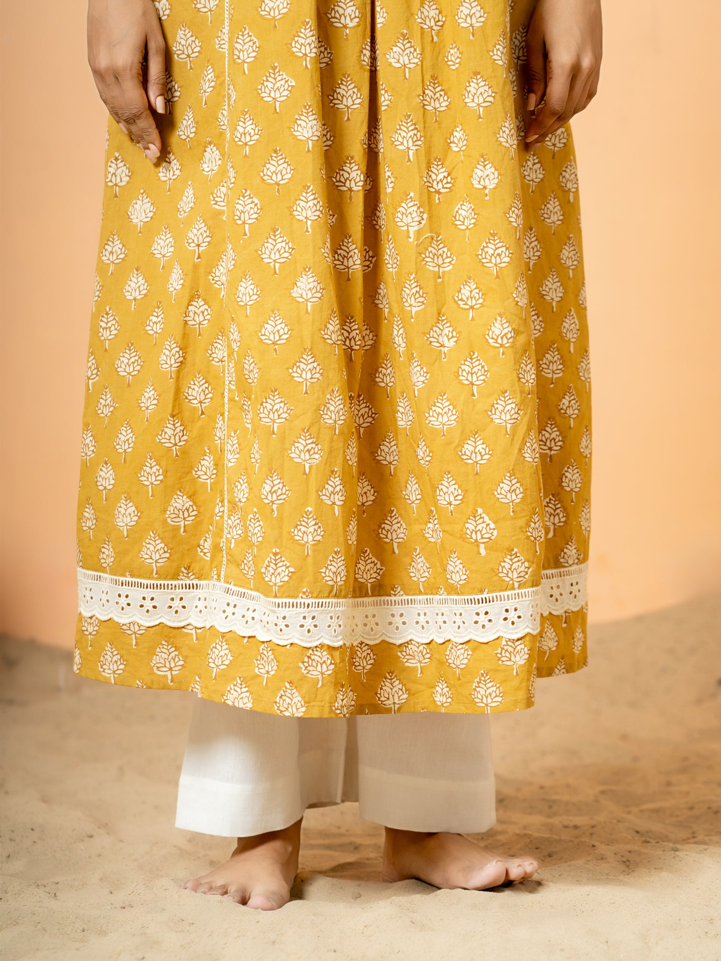 Mustard Lace Work  Cotton kurta