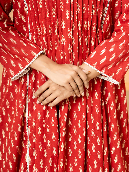 Red Palm Leaf Printed Cotton Kurta