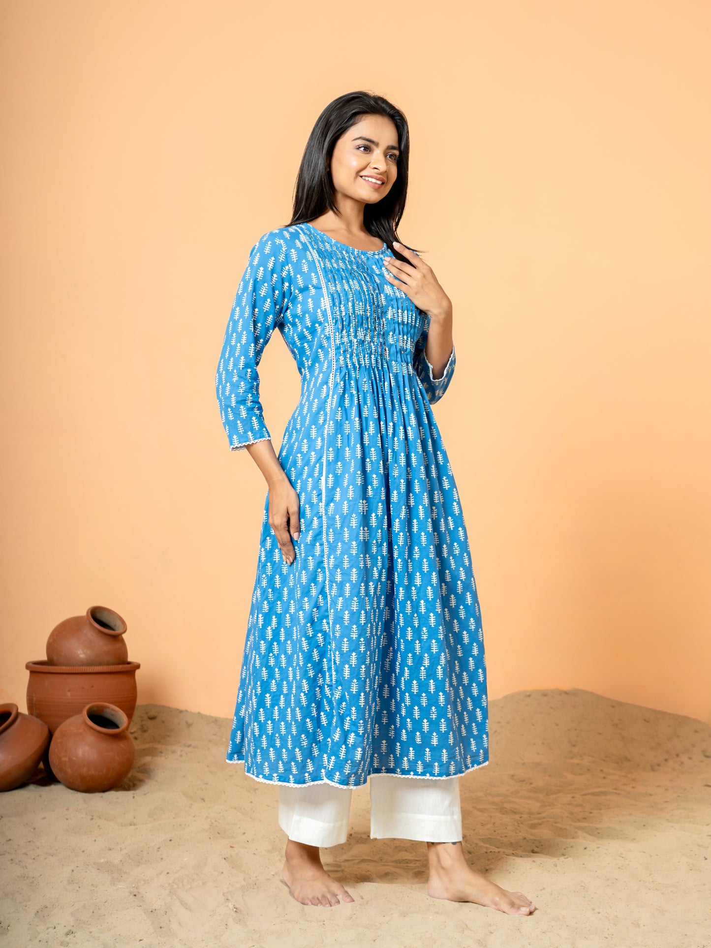 Blue Palm Leaf Printed Cotton Kurta