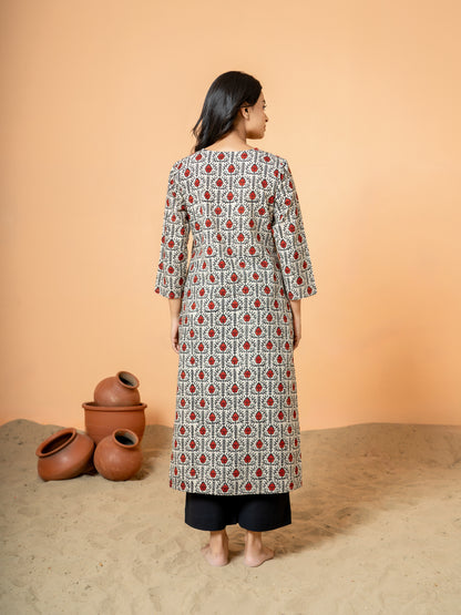 Cream Lotus Print Cotton Kurta