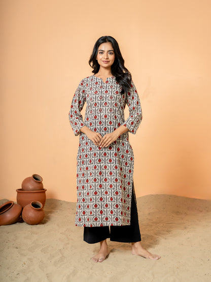 Cream Lotus Print Cotton Kurta