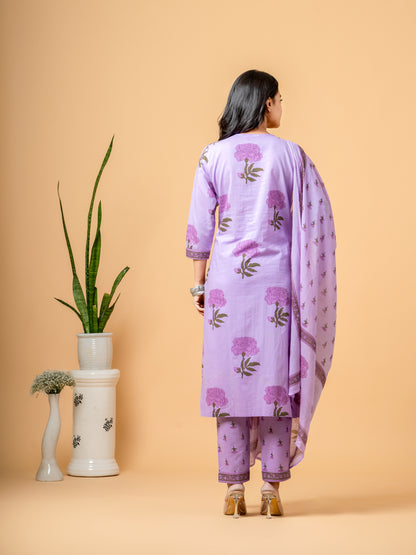 Lavender Floral Print Angrakha Cotton Suit